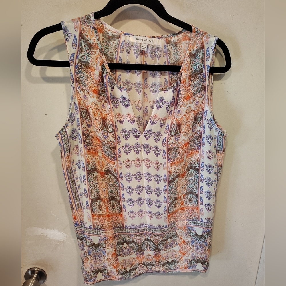 Rose & Olive Colorful Paisley Print Lightweight Chiffon V Neck Tank Top L Boho